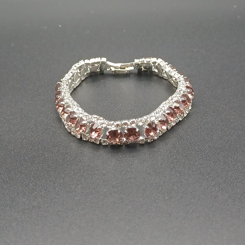Pink Mauve Stone 3-Row Statement Bracelet Foldover Clasp Silver 7.25"